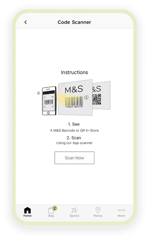 Marks & Spencer shopping app screen showing product browsing and the in-store barcode scanner