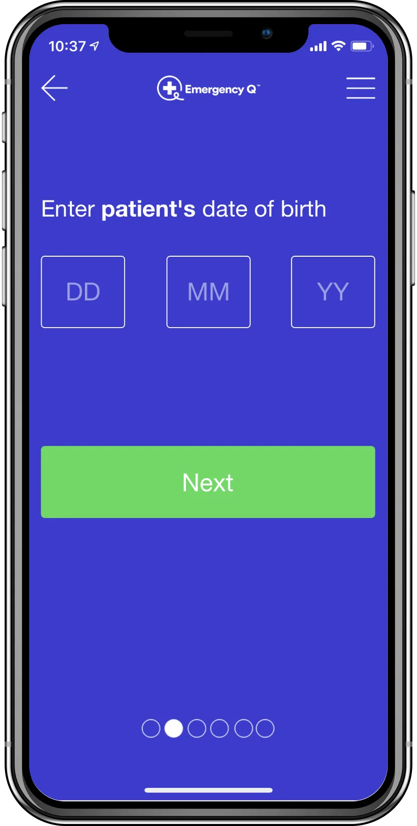 Emergency Q registration step for entering the patient's date of birth