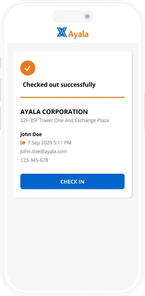 Ayala check-out confirmation screen showing successful check-out with timestamp and a check-in button